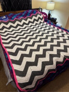 Chevron Crochet Throw Blanket in Gray, White & Pink